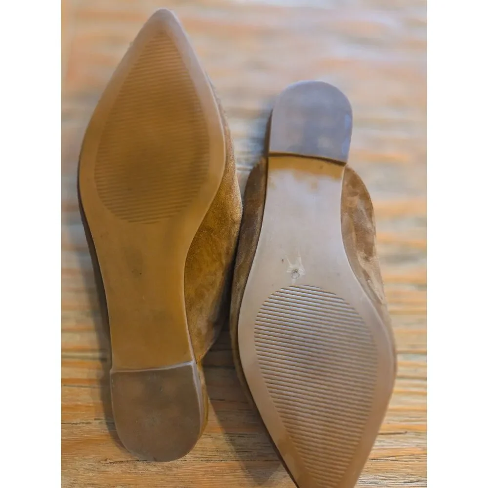Steve Madden tan micro-suede mules, gold chain accent, size 7M